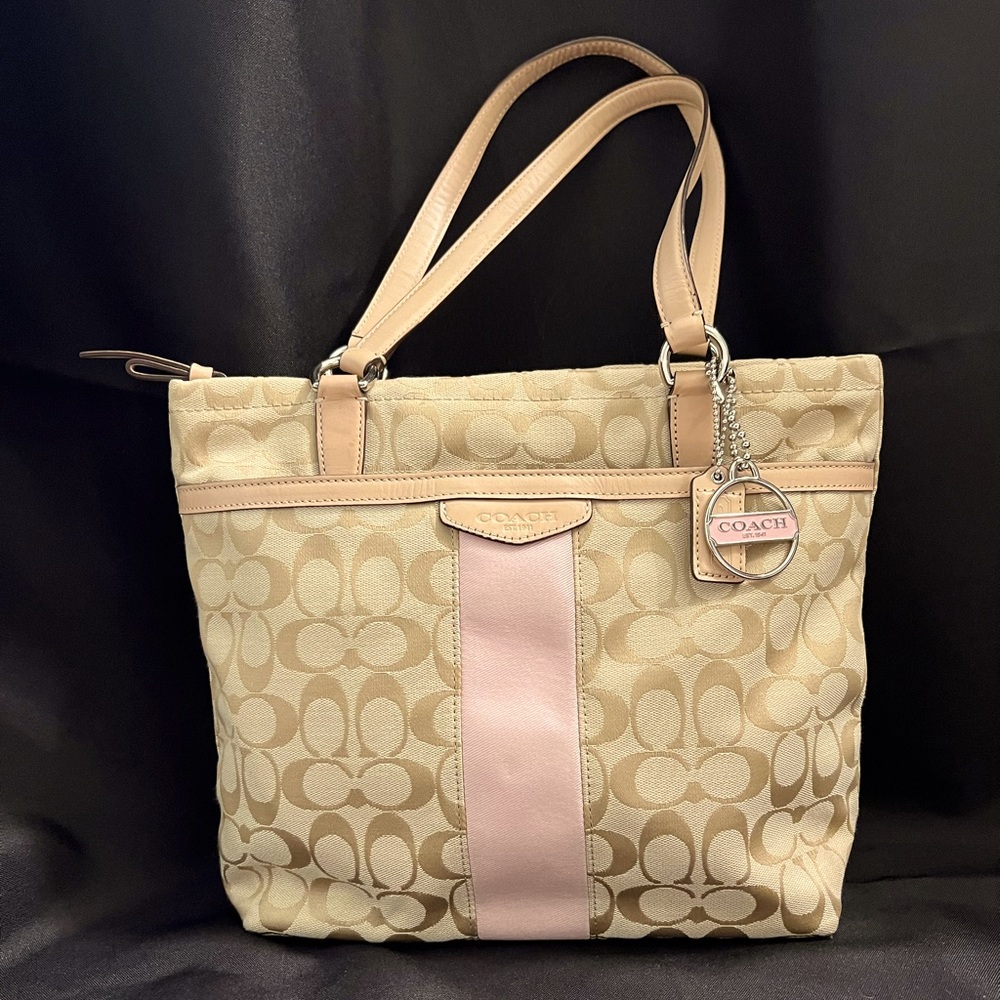 Coach Bag with Pink Accent and Tab Leather Handles
